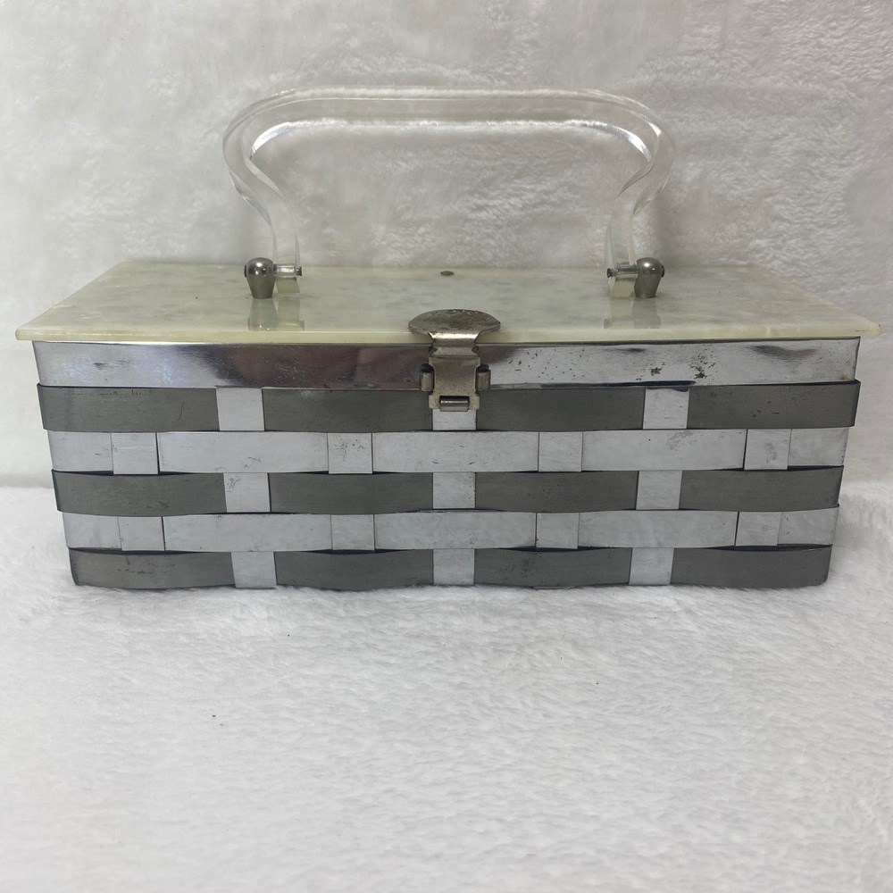 VTG Dorset Rex Lucite Basket Weave Metal Purse Silver White Bakelite Lid Handbag